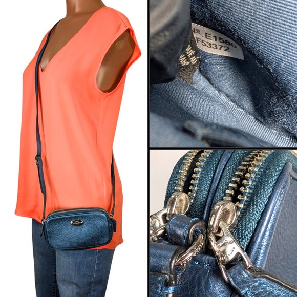 Coach Metallic Blue Leather Mini Double-Zip Pouch Crossbody Camera Bag F53372 - Picture 11 of 11